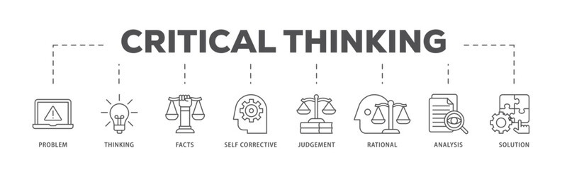 Critical thinking infographic icon flow process which consists of solution, analysis, self corrective, rational, judgement, facts, thinking, problem icon live stroke and easy to edit 