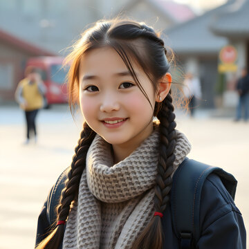 Una linda preadolescente coreana, afuera de un templo tradicional