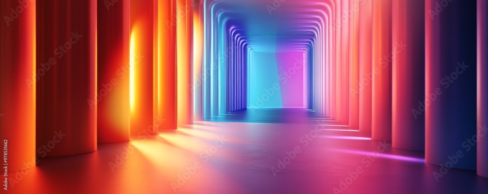 Poster a vibrant corridor illuminated with colorful lights, creating a dynamic atmosphere for artistic and 