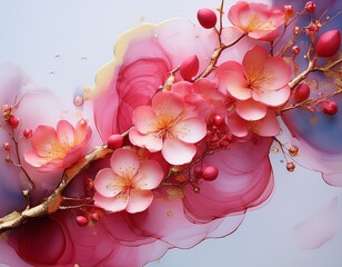 桃の花のアート　アルコールインクアート風