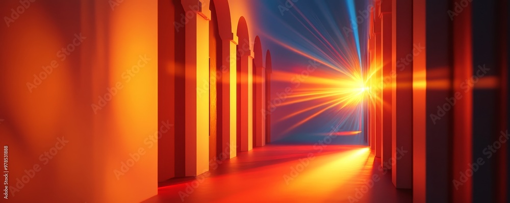 Poster a vibrant corridor illuminated by warm light, creating a stunning ambiance of color and depth in a s