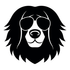 a black and white illustration of a Golden retriever dog's head. The dog appears to be a Newfoundland or a similar breed, with a long, shaggy coat and a round face