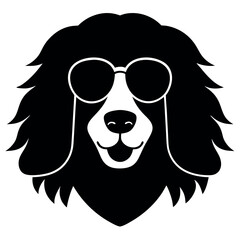 a black and white illustration of a Golden retriever dog's head. The dog appears to be a Newfoundland or a similar breed, with a long, shaggy coat and a round face