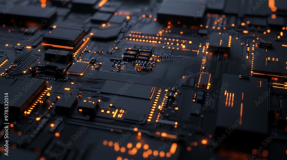 Poster abstract close-up of a high-tech circuit board with glowing orange lights, showcasing intricate elec