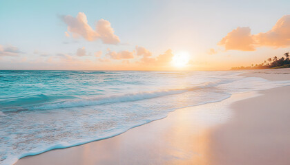 Fototapeta premium Crystal-clear turquoise waters with gentle waves lapping at a pristine beach under a golden sunset