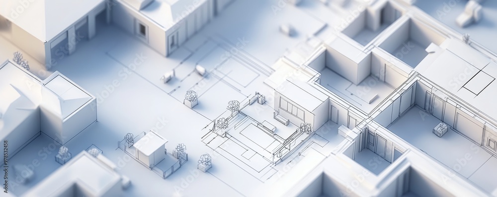Poster aerial view of a minimalist architectural model showcasing clean lines and open spaces in a serene e