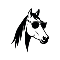 a black and white illustration of a horse's head. The horse is facing towards the right side of the image, with its head turned slightly to the left. It has a pair of sunglasses on its head