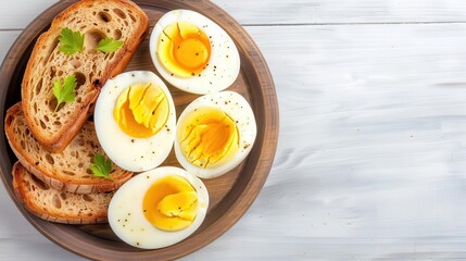 Close-up of boiled eggs and whole wheat bread slices on a rustic wooden plate, minimalistic style, clean background, top view, breakfast simplicity, rustic charm