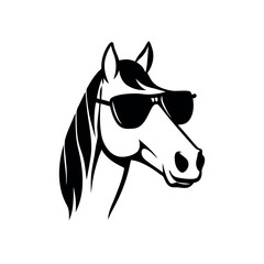 a black and white illustration of a horse's head. The horse is facing towards the right side of the image, with its head turned slightly to the left. It has a pair of sunglasses on its head