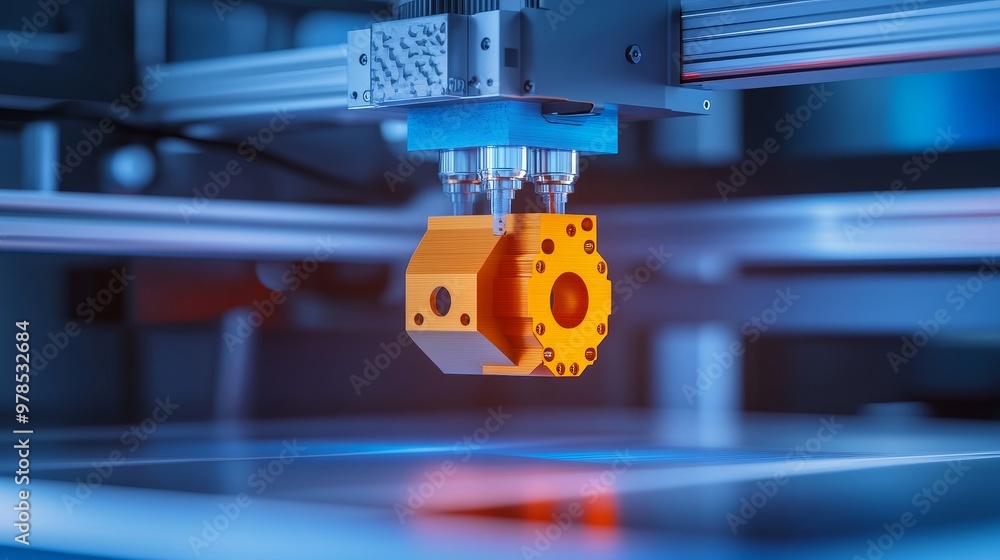 Aufkleber close-up of a 3d printer nozzle in action, showcasing precision engineering and a vibrant orange com