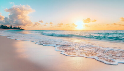 Fototapeta premium Crystal-clear turquoise waters with gentle waves lapping at a pristine beach under a golden sunset