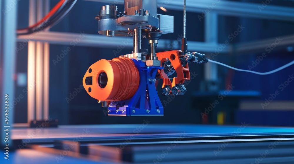 Poster close-up of a high-tech 3d printer extruder in action, showcasing its intricate design and vibrant c