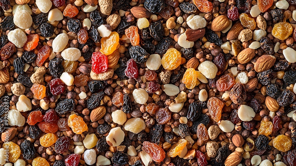 Aufkleber Dried Fruits and Nuts Background Texture Top View : Generative AI