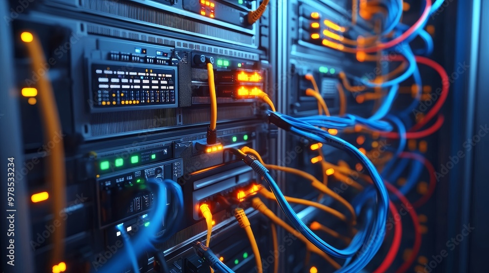 Poster close-up of a network server with colorful cables, highlighting data connections and modern technolo