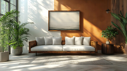 Living Room Interior Design with Wooden Sofa, Plants, and a Coastal Artwork