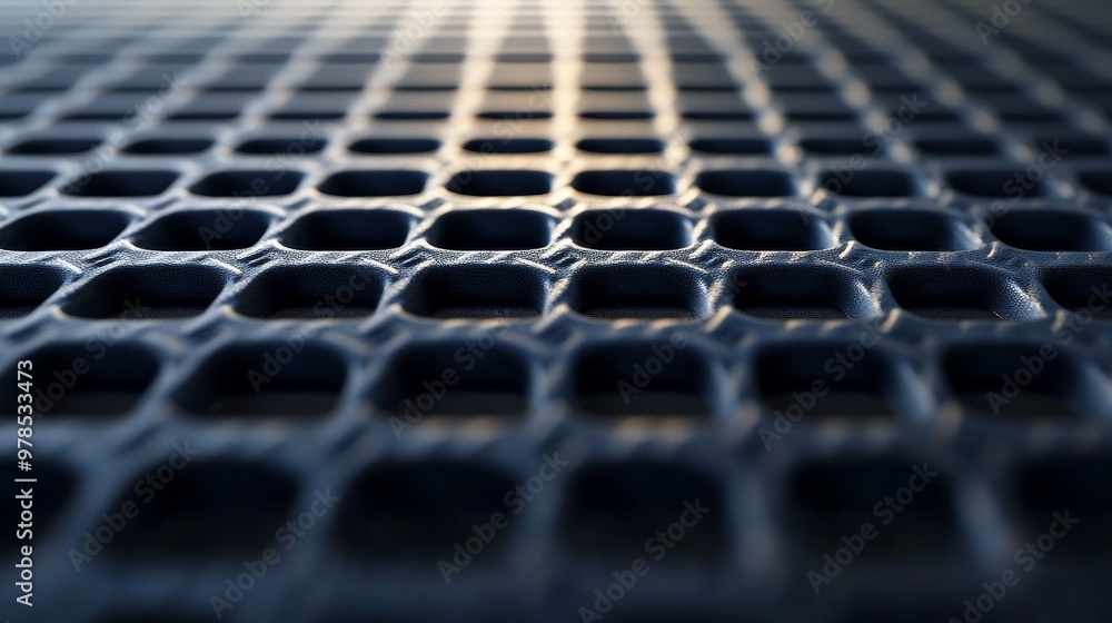 Poster close-up of a textured metal surface with hexagonal patterns, capturing light and shadows for a mode