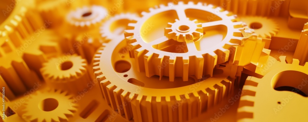 Poster close-up of intricate yellow gears, showcasing engineering precision and mechanical design in a vibr