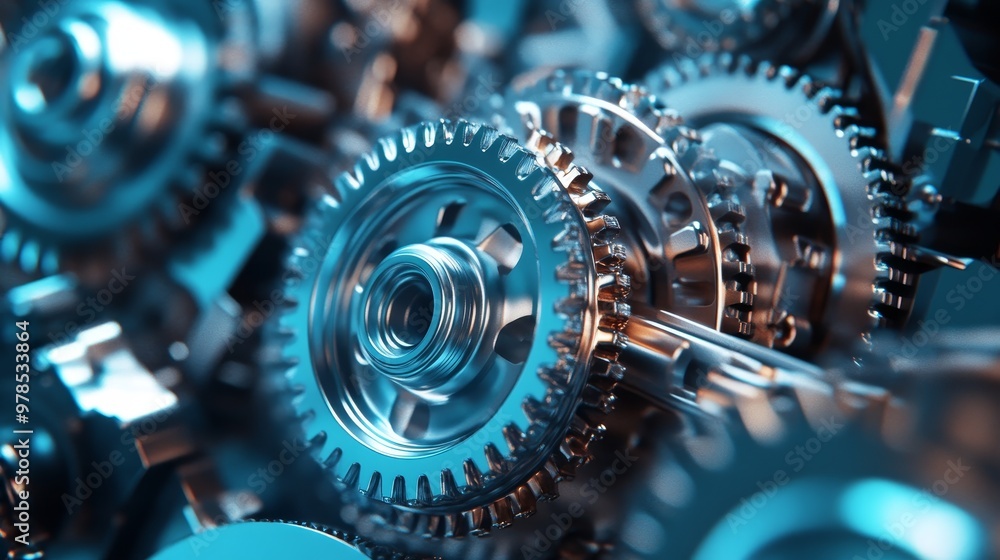 Poster close-up of shiny metallic gears interconnected in a modern machine. highlights the intricacy and pr