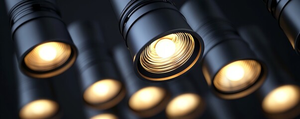 Close-up of modern spotlight fixtures illuminating a dark space, showcasing sleek design and bright light beams.