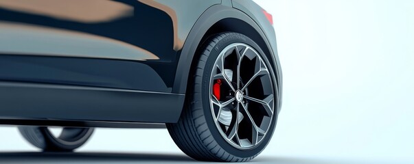 Close-up view of a sleek car wheel showcasing modern design and performance features, perfect for automotive enthusiasts.