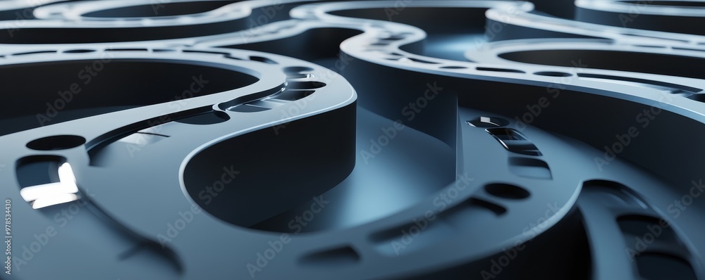 Poster close-up view of intricate metallic patterns exhibiting smooth curves and modern design, ideal for t