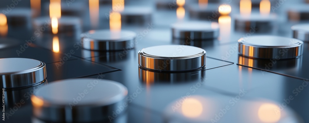 Aufkleber close-up view of metallic buttons on a control panel, showcasing sleek design and ambient lighting e