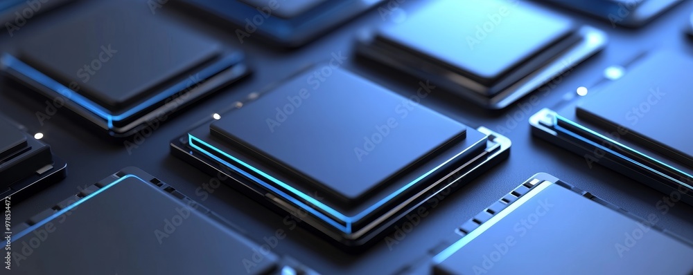 Poster close-up view of sleek, modern microchips showcasing advanced technology and intricate design in a h
