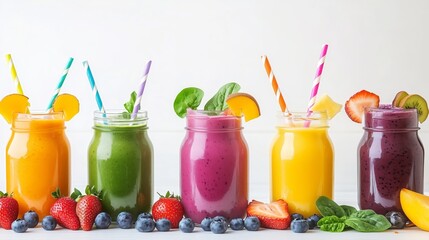 Vibrant array of fresh fruit smoothies in colorful mason jars with straws, garnished with fruits and vegetables.