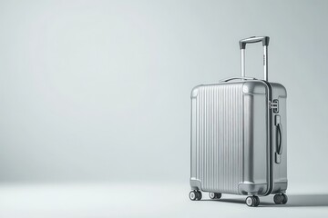 A sleek silver suitcase on a minimalist background, ideal for travel and transportation.