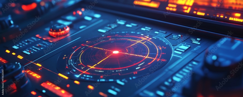 Poster futuristic control panel with glowing buttons and screens, displaying a digital radar interface in v