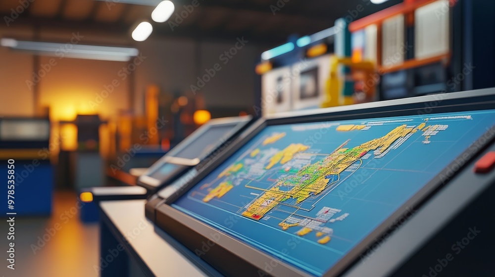 Poster modern industrial control panel showcasing advanced machinery and automation in a tech-driven manufa