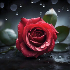 A single red rose adorned with raindrops glistening in the rain showcasing its vibrant color and delicate petals. generated ai