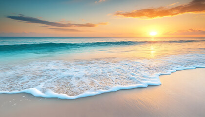 Obraz premium Crystal-clear turquoise waters with gentle waves lapping at a pristine beach under a golden sunset