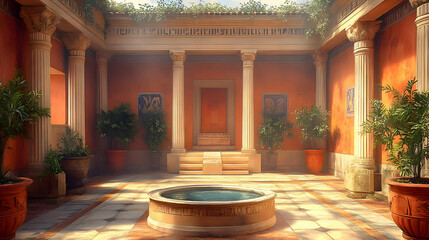 Ancient Roman Courtyard with Columns, Plants, and a Fountain
