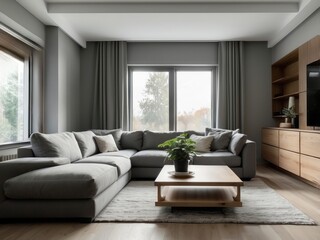 Obraz premium Modern Living Room with Grey Sectional Sofa and Wooden Coffee Table