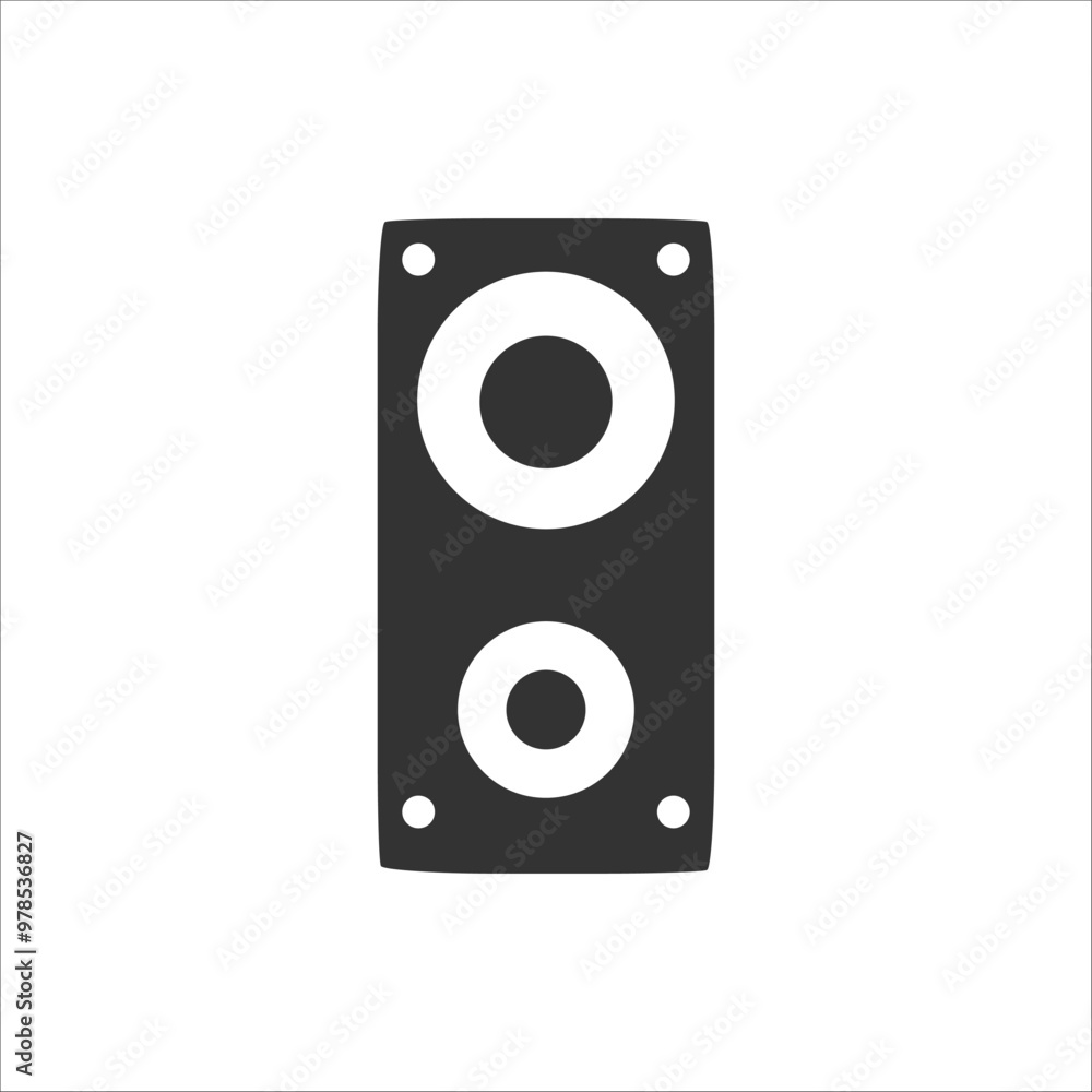 Poster minimalistic black speaker icon featuring two circular elements, representing modern audio technolog