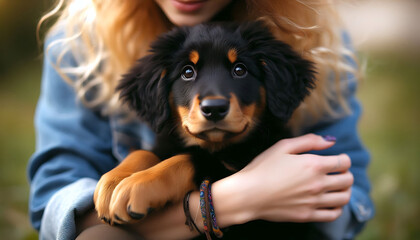 Fototapeta premium Portrait of a woman with a cute Bernese Mountain Dog and a Border Collie