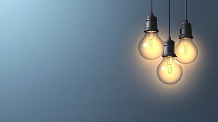 Three glowing light bulbs hang elegantly against a soft blue background, creating a warm and inviting atmosphere.