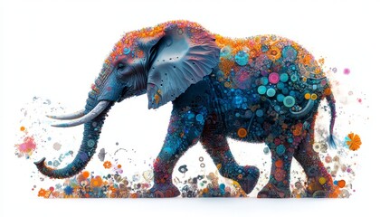 Obraz premium Vibrant Mosaic Elephant: A Colorful Wildlife Art Piece on White Canvas