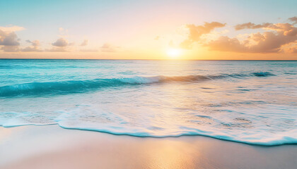 Obraz premium Crystal-clear turquoise waters with gentle waves lapping at a pristine beach under a golden sunset