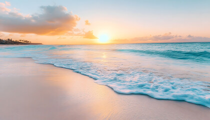 Obraz premium Crystal-clear turquoise waters with gentle waves lapping at a pristine beach under a golden sunset