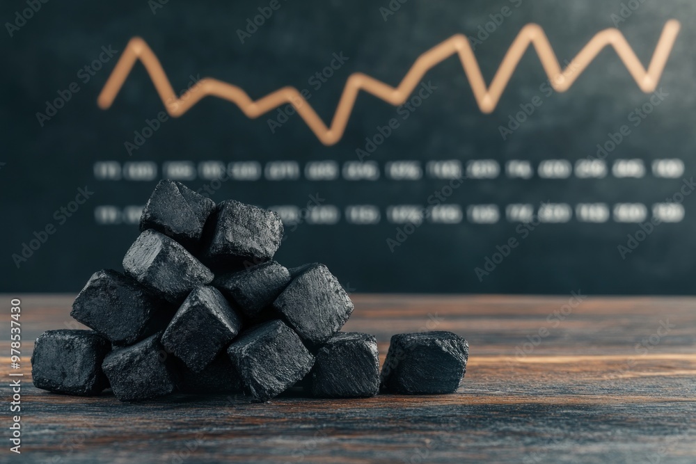 Poster high-definition charcoal briquettes artfully displayed on a modern table with a business graph backd