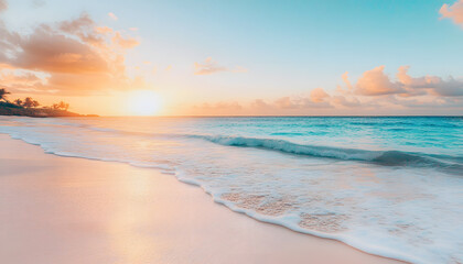 Fototapeta premium Crystal-clear turquoise waters with gentle waves lapping at a pristine beach under a golden sunset