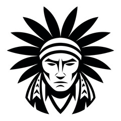 a black and white illustration of a Native American Indian headdress. The headdress is made up of large, feather-like feathers that are arranged in a traditional headdress