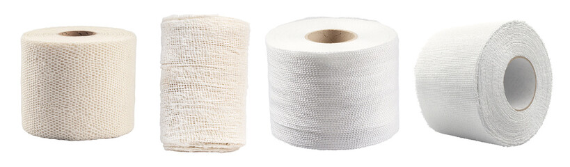 Four rolls of white fabric tape, showcasing different textures and thicknesses in a clean arrangement.