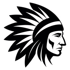 a black and white illustration of a Native American Indian headdress. The headdress is made up of large, feather-like feathers that are arranged in a traditional headdress