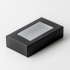 A sleek black rectangular packaging box with a clear window, set against a clean white background