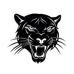 a black and white illustration of a panther's head. The panther is facing towards the right side of the image, with its mouth open wide and its teeth bared