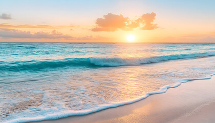 Fototapeta premium Crystal-clear turquoise waters with gentle waves lapping at a pristine beach under a golden sunset