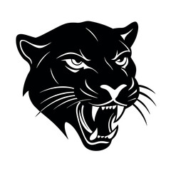 a black and white illustration of a panther's head. The panther is facing towards the right side of the image, with its mouth open wide and its teeth bared